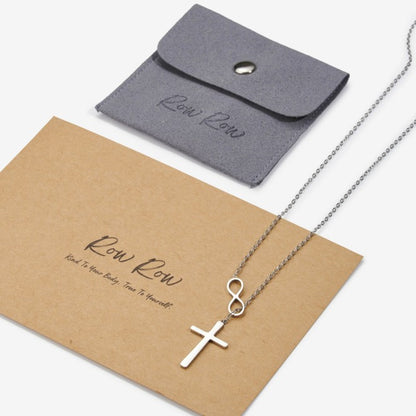 Quiet Grace Infinity Cross necklace with 'Row Row' branded kraft card and premium pouch.